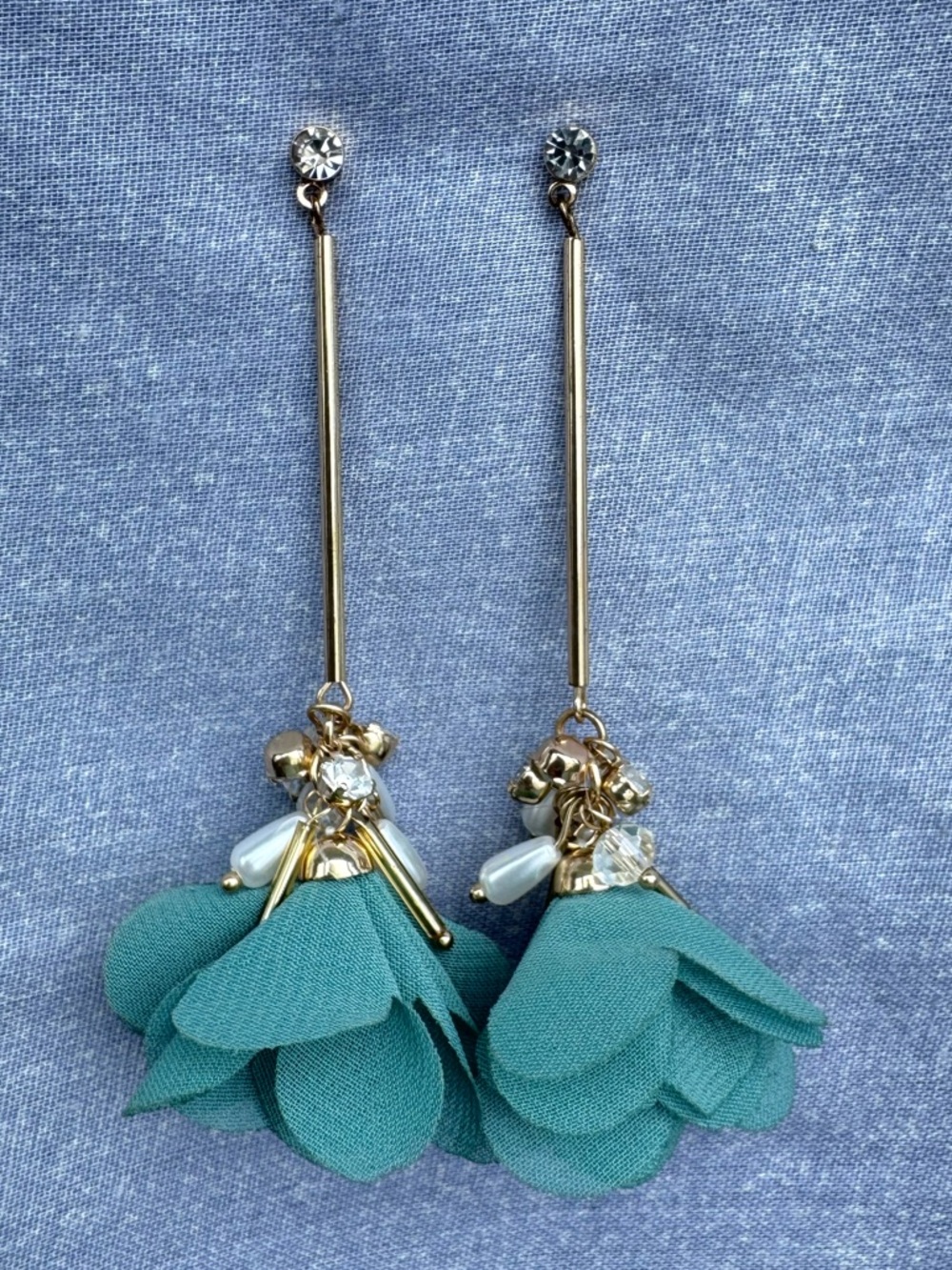 Drop Earrings with Teal Fabric Petals and beading - Picture 3 of 9